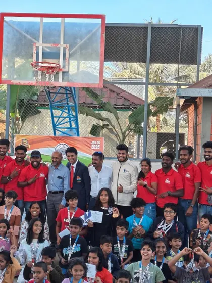 A group photo with international swimmer Niranjan B Karthik, our coaches, and the young champions after an inspiring awards ceremony.