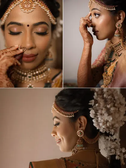 A close-up collage of a South Indian bride, highlighting her traditional jewelry, floral hair adornments, and serene expressions during her getting ready moments.