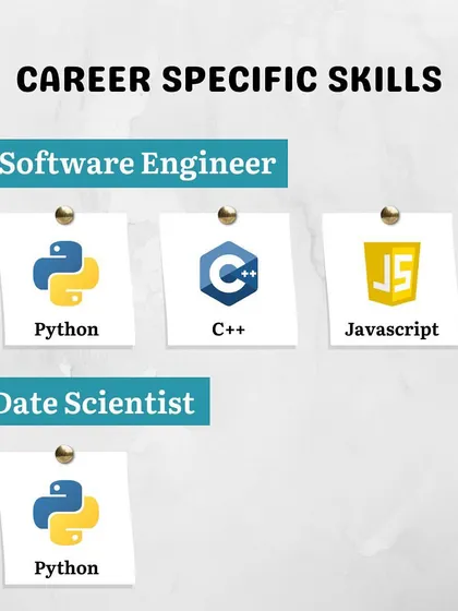 This graphic shows the specific programming languages, like Python and C++, that are essential for careers as a Software Engineer or Data Scientist. It helps students focus their learning on their desired goals.