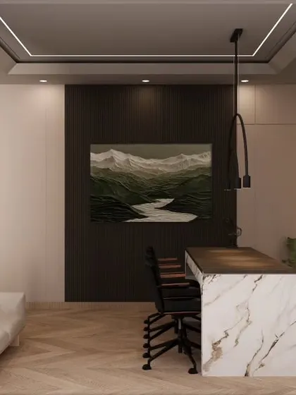 A view of the executive cabin from a different angle, showing the seating area for guests. The combination of a marble-clad desk and a comfortable sofa makes the space perfect for both work and meetings.