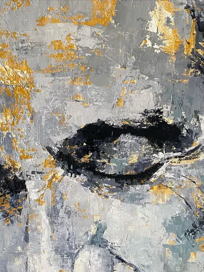 A close-up of the eye-like form in the grey and gold abstract. It's a piece that invites interpretation, appearing both cosmic and biological at the same time.