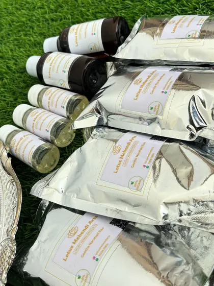 A complete set of my luxury henna products. You can purchase my organic henna powder and essential oils, all lab tested and certified for quality and safety, to continue your mehendi journey at home.