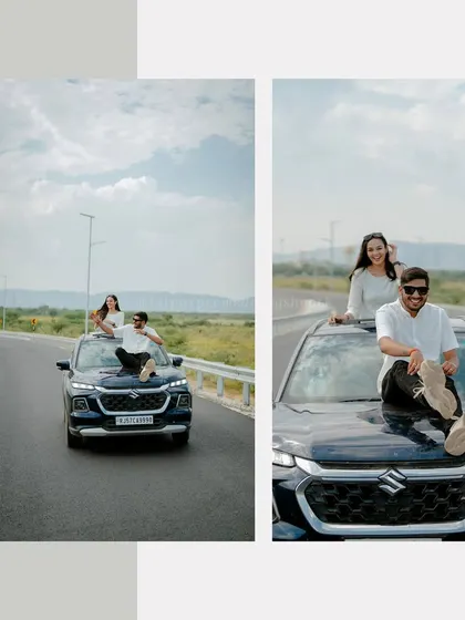 A road trip themed pre-wedding shoot! We love getting creative, and this shoot with Sunil and Shalini on the highway with their car was a blast.