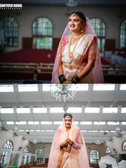 A diptych showing the bride in her full wedding attire, capturing both a posed and a wide-angle shot in the venue.