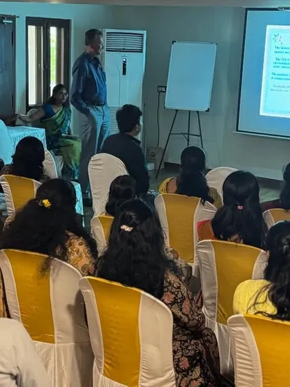 An indoor shot of our CME session on skin diseases. The classroom setup shows our facility is well-equipped for educational seminars and professional training.