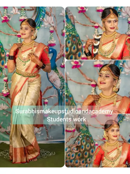 This collage demonstrates another student's skill in creating a classic South Indian bridal look, complete with a temple-style braid and gold jewelry.