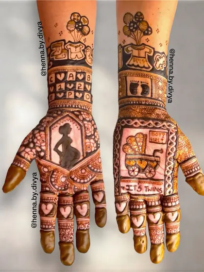 A special design for a mother expecting twins. This henna art includes a 'Boy or Girl' theme with a baby carriage, a silhouette of the pregnant mother, and a fun 'It's Twins' announcement.
