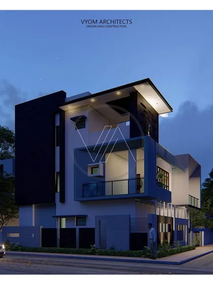 A nighttime render of the south-facing facade. This view was created to study the effect of exterior lighting on the building's angular walls and different textures, ensuring it looks striking after dark.