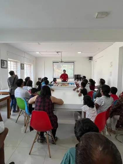 A wide shot of our IRO orientation at the North Bangalore center, showing a full house of engaged parents and children eager to learn about the competition.