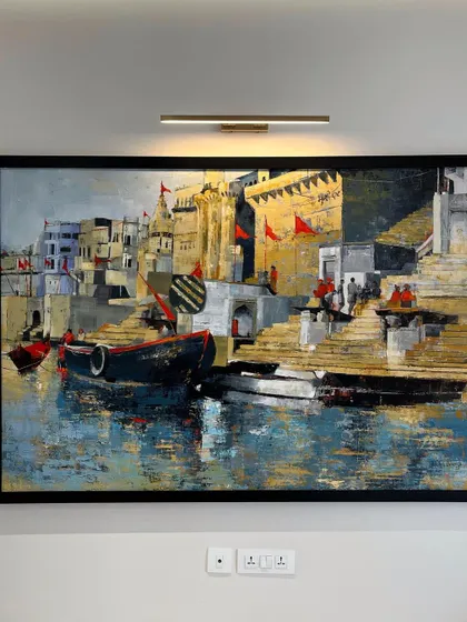 The 'Banaras Ghat' painting in its new home. It brings the spiritual atmosphere of the holy city into the space.