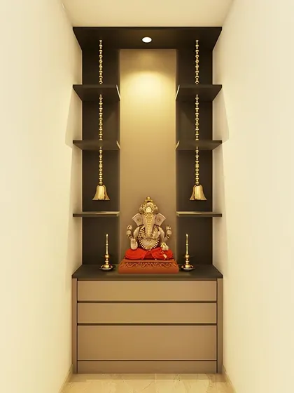 A simple and elegant pooja unit in a dark wood finish. The hanging chain bells add a beautiful traditional element.