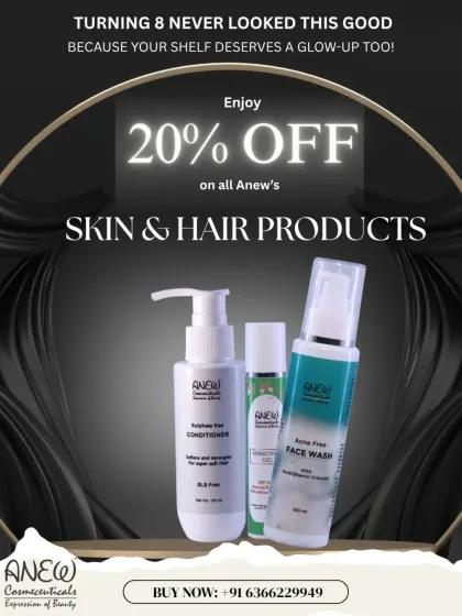 To celebrate our 8th anniversary, we are offering 20% off on all Anew skin and hair products. It's the perfect time to give your home care routine a glow-up.