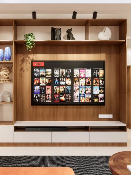 This render highlights a custom TV unit with extensive shelving, designed to be a functional and stylish focal point in a modern living room.