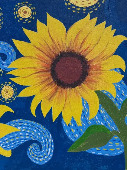 A close-up of the sunflower detail from the Van Gogh inspired mural, showing the thick, expressive brushstrokes that define this style.