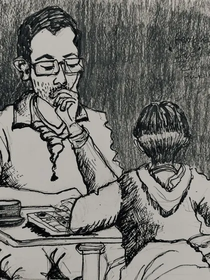 A pen and ink sketch capturing a quiet, thoughtful moment between a father and child playing a game.