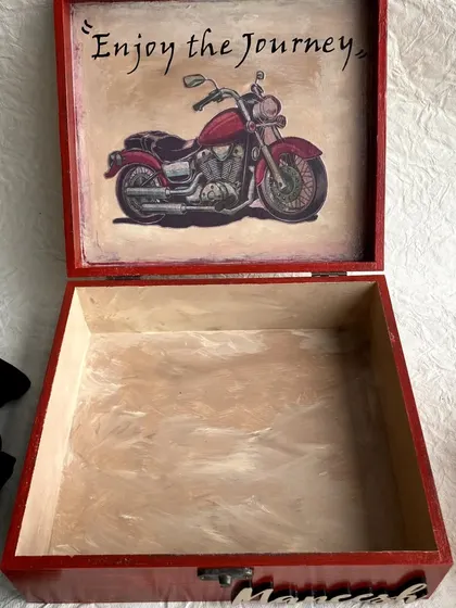 The inside of the vintage watch box, before the cushions are added. I gave it a distressed, aged look to match the theme.