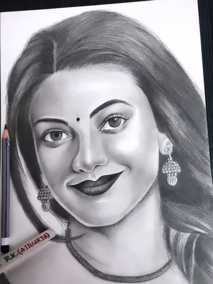 This version of the Kajal Aggarwal sketch is presented with clean, bright lighting, showing the crisp lines and smooth shading.
