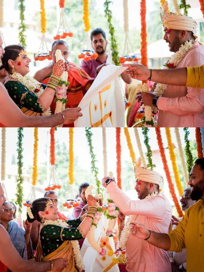 The 'antarpata' ritual, where a cloth separates the bride and groom before they see each other. This moment of anticipation is beautifully captured.