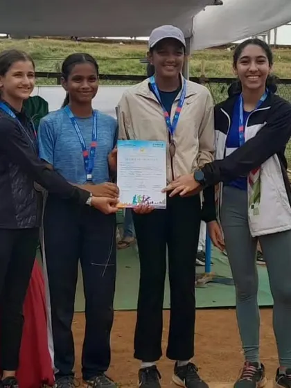 Our U-16 girls' 4x100m relay team with their bronze medals from the Priyadarshini Park Championship.