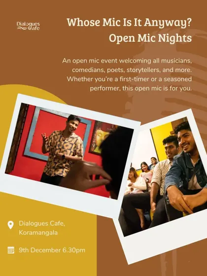 A flyer for "Whose Mic Is It Anyway?", our open mic night that welcomes all musicians, comedians, poets, and storytellers.