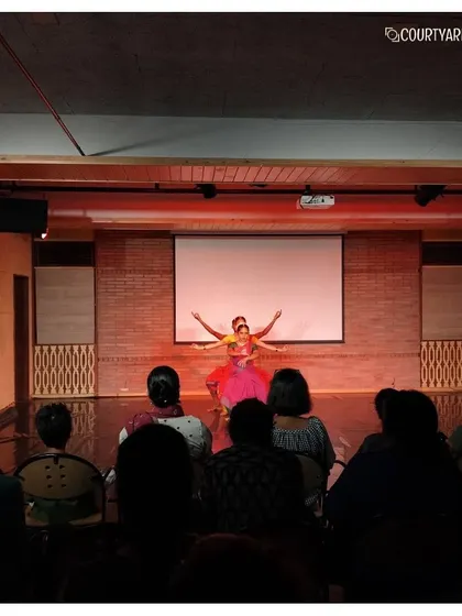 A wide shot of a contemporary dance performance by the Attakkalari Mobile Academy. Our stage is fully equipped to host ensemble pieces that require space, light, and technical precision.