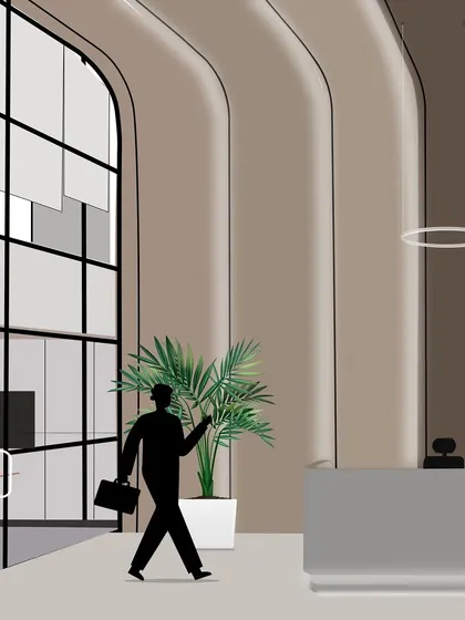 This illustration shows layered lighting in a reception area, where curved accent lights and modern pendants create a dramatic and welcoming entrance.
