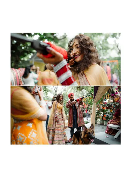 A collage showing a bride shooting a toy gun and posing with her groom and their dog, capturing the fun and personal side of their wedding.
