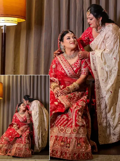 A collage showing the tender interactions between a bride and her mother, from adjusting her jewelry to sharing a loving kiss.