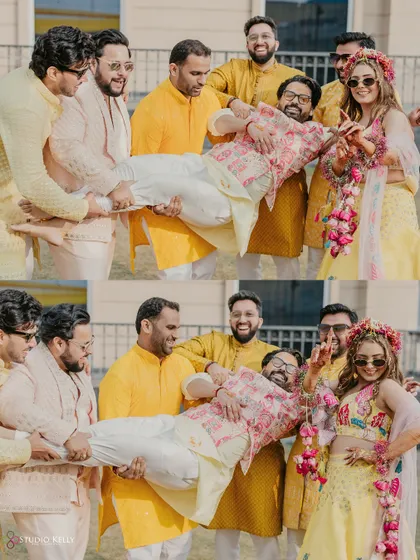 A fun moment with the groom being lifted by his friends during the Haldi ceremony.