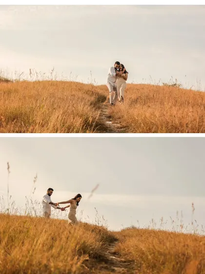 A dynamic two-panel collage showing the couple running and laughing on a hilltop path, capturing the energy and joy of their relationship.