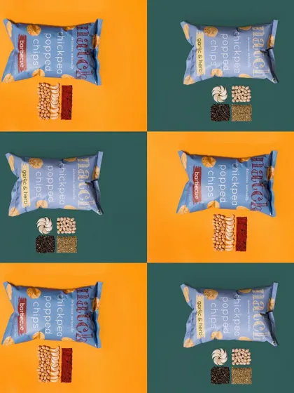 A colorful grid of ingredient flat-lays for different flavors of Natch Snacks. This is a great way to visually communicate the variety and natural ingredients of a product line.