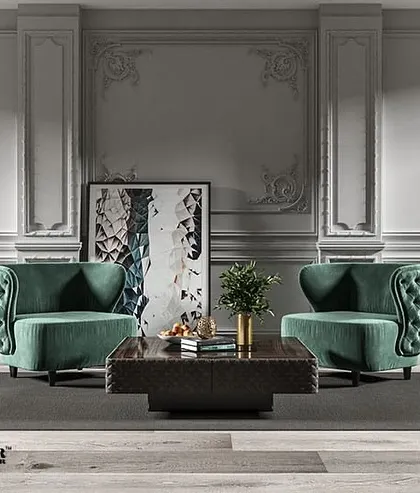 This plush velvet armchair in a rich green hue features classic tufted detailing on the sides. It's a perfect accent chair that adds a touch of timeless charm and high-end style to a room.