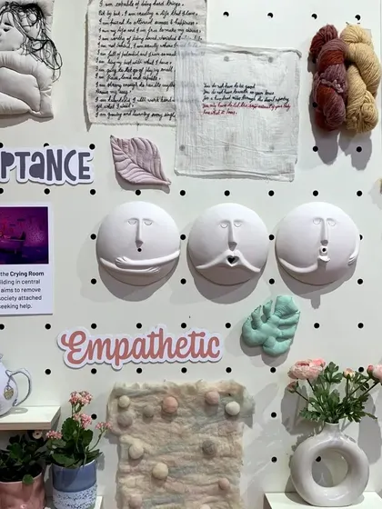 A material board for the 'Hope You're Well' trend, focusing on empathy, acceptance, and wellbeing. The collection of soft textiles, gentle forms, and calming objects guided our creation of a space designed for emotional comfort.