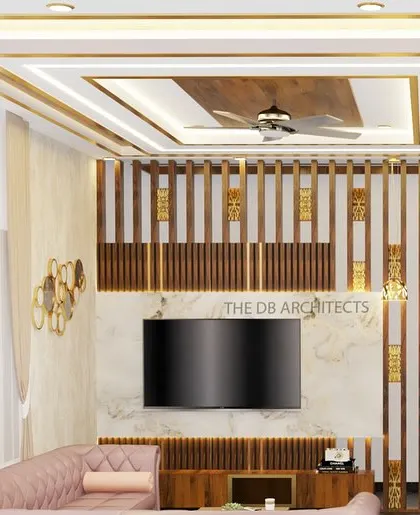 A full view of the living room concept, showcasing the TV wall with brass-inlay wooden rafters and a multi-layered false ceiling design. This render helps clients visualize the final look and feel of their main living space.