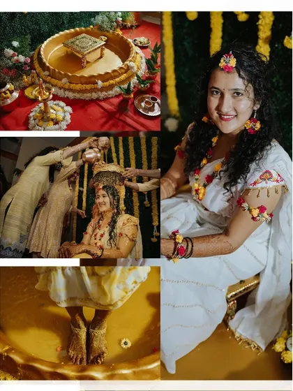 A collage showcasing the key elements of the Haldi ceremony, from the decor to the bride's portraits and the rituals themselves.