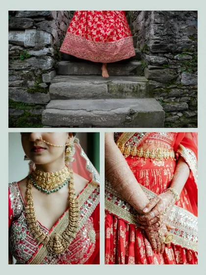A collage of details from a mountain wedding. It showcases the bride's stunning jewelry, her intricate henna, and the rustic stone steps of the venue.