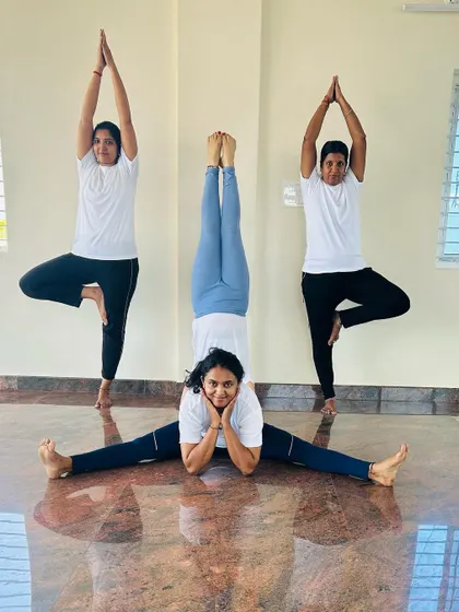 A beautiful trio of poses, combining a split, a headstand, and two tree poses. This photo represents the different paths we take in our practice, all supporting each other.