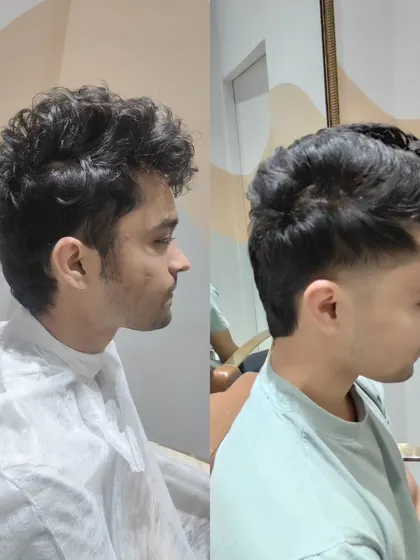 A before and after of a men's haircut, transforming curly hair into a stylish, faded look.