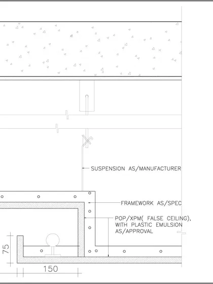 The technical drawing for a false ceiling, complete with annotations for the framework and suspension. This level of detail is crucial for ensuring our designs are executed flawlessly on site.