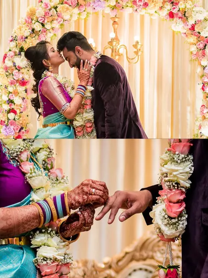 A collage of the engagement ceremony, showing the couple exchanging rings and a sweet kiss.