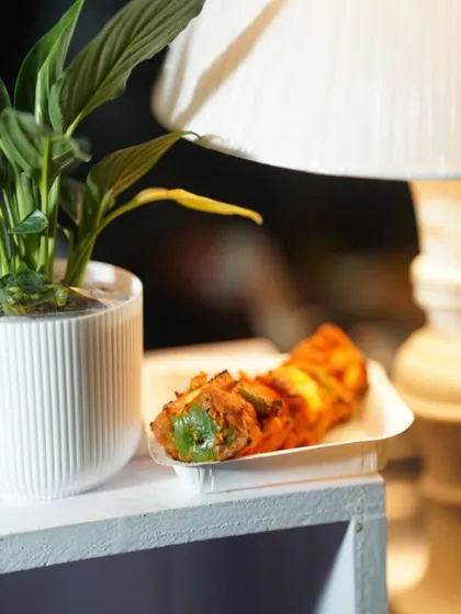 An artfully plated paneer appetizer, placed thoughtfully next to a pot plant and lamp. We consider the entire environment when designing our food displays.