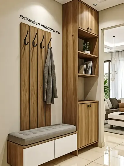 This sleek and functional entryway unit includes a cushioned bench with storage, a wall-mounted panel with coat hooks, and a tall cabinet with open shelves, offering a complete solution for keeping your entrance tidy.