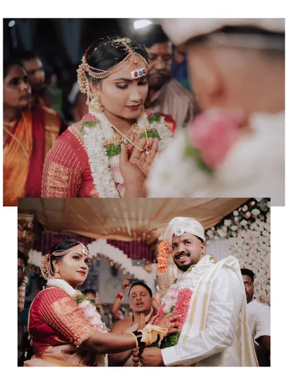 A collage showing the exchange of garlands, a significant ritual in an Indian wedding.