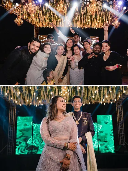 A collage of happy moments from a Sangeet, featuring the couple and a group selfie with friends.