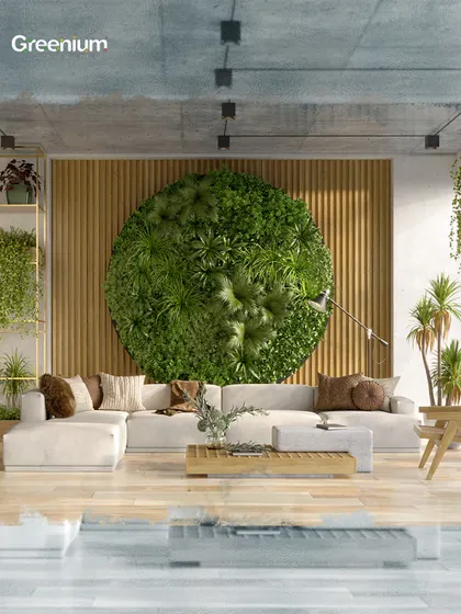 This is biophilic design at its finest. We created this unique, circular green wall as a living art installation, turning a modern living room into a sophisticated and serene environment that truly connects the space with nature.