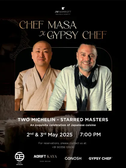 An exquisite celebration of Japanese cuisine in Delhi. This poster announces a collaboration between two Michelin-starred masters, Chef Masakazu Ishibashi and Chef David Myers (Gypsy Chef), for an exclusive dinner at ADRIFT Kaya, JW Marriott.