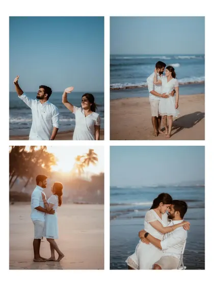 This photo series shows the variety of a beach shoot, from taking selfies and walking together to sharing intimate moments by the water.