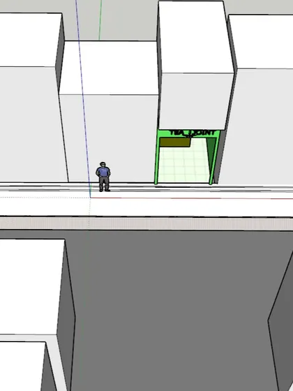An aerial view showing the strategic placement of the "Tea Joint" module at a T-junction. This demonstrates my approach to using architecture to solve unique business challenges and maximize location potential.