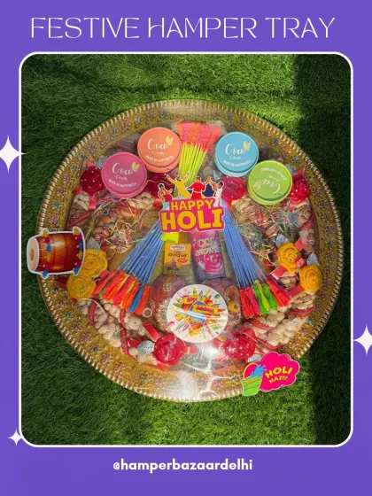 Another angle of our large Holi tray, showing the variety of items packed inside. It's a perfect centerpiece for a Holi party or a generous gift for a loved one.