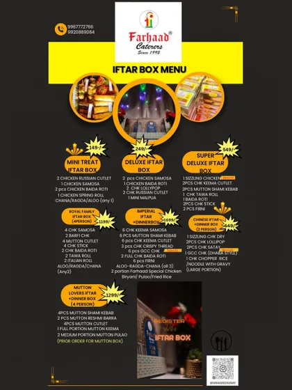 We offer a wide range of Iftar boxes starting from just Rs. 149. This menu shows our different tiers, from the Mini Treat Iftar Box to the Super Deluxe, all curated for your Ramadan gifting and Iftar needs.